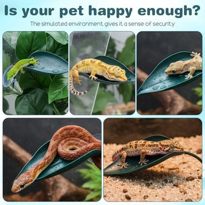 3 Pcs Crested Gecko Tank Accessories, Plastic Reptile Leaf Plant Ornament with Suction Cup Wall Climbing Gecko Hide Reptile Hide for Turtle Tank Decorations(Dark Blue)