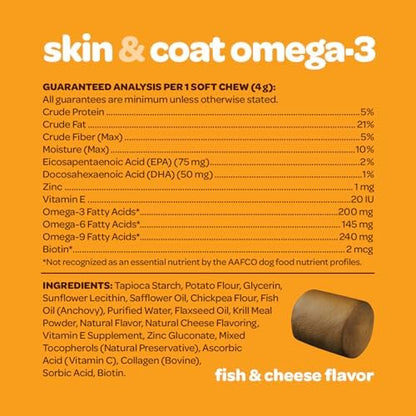 Skin and Coat Supplement for Dogs | Nourishing Omega 3 for Dogs with EPA DHA Krill Oil and Vitamin E | Dog Skin and Coat Supplement | 1 Chew up to 75lbs | NASC Certified & Made in the USA | 60 Chews