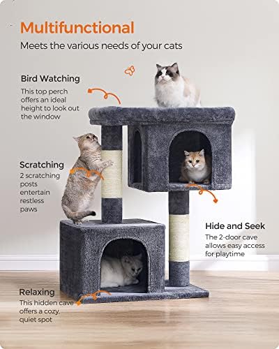 Feandrea Cat Tree, 40.6-Inch Tall Cat Tower, Cute Plush Condo, Smoky Gray