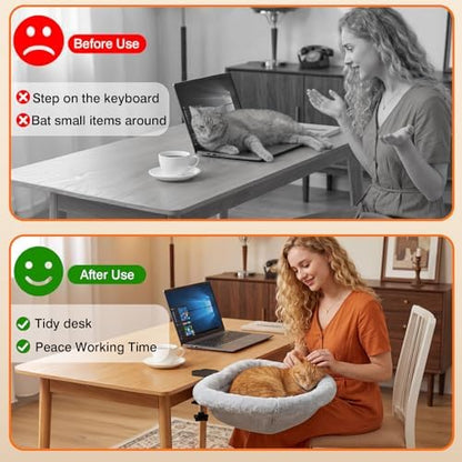 Cat Desk Bed - One-Click Folding Space-Saving Design, Desk Cat Bed with Soft Faux Rabbit Fur Cover & Breathable Mesh Fabric, Cat Hammock Supports up to 66 lbs, Remote Workers Home Gaming