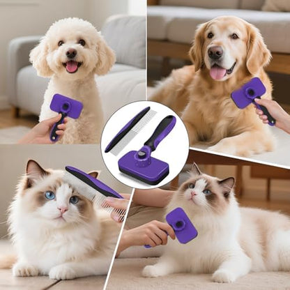 2PCS Self Cleaning Slicker Brush & Dog Comb - Skin Friendly Deshedding Grooming Tool for Dogs, Cats and Small Animals, Professional Deshedding Dematting Tool for Long and Short Haired Pets (Purple)