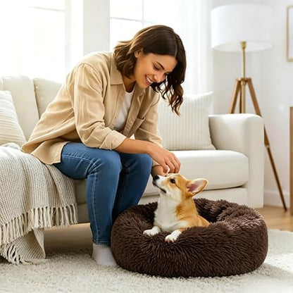 Calming Donut Dog and Cat Bed for Indoor Cats, Anti-Anxiety Round Fluffy Soft Washable Small Pet Bed for Puppy and Kitten, Warming Comfortable Luxury Anti-Slip Waterproof Mute Base 20in Coffee