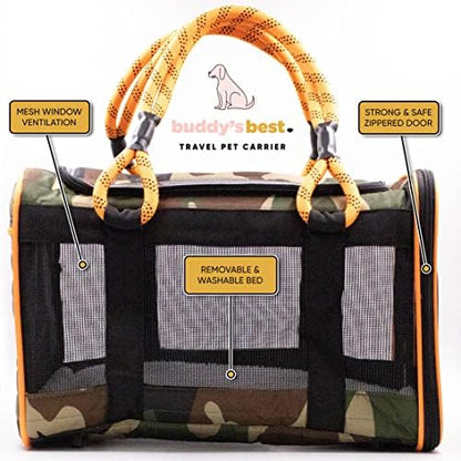 Buddy's Best Airline Approved Pet Carrier – Black & Orange Heavy Duty, Fits Under Seat, TSA Compliant, Ventilated Mesh Design w/Waterproof Base & Reflective Safety Strips
