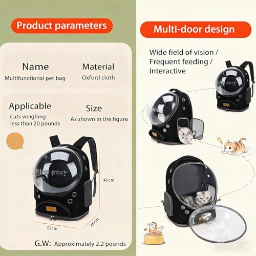 Cat Backpack Carrier, Breathable Cat Carrier Large Space Bubble Pet Backpack for Small Dog and Large cat up to 18lbs, Transparent & Foldable Pet Carrier for Travel Hiking (Black)
