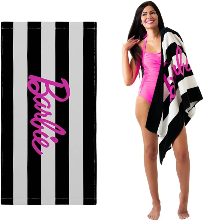 Barbie Barbiecore Black & White Striped Soft Cotton Bath/Pool/Beach Towel, 60 in x 30 in, (Official Licensed Barbie Product) by Franco