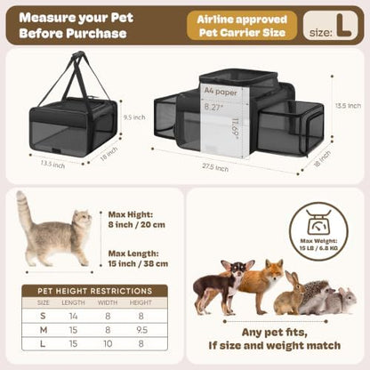 Top and 2 Sides Expandable Cat Carrier 18x13.5x9.5 TSA Airline Approved