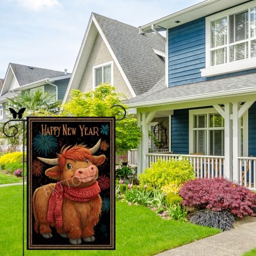 Happy New Year Garden Flag 12x18 Double Sided Vertical Linen Small Fireworks Highland Cow House Flag Welcome Holiday Winter House Outdoor Outside Decorations (27165)