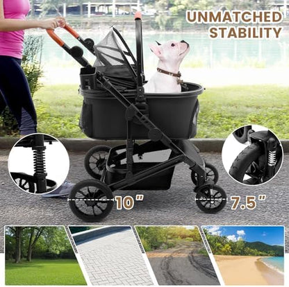 Bicystar Dog Stroller with Detachable Carrier, Rubber Wheels, 50 lbs, Black