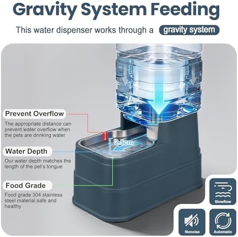 Automatic Cat Water Dispenser Gravity Stainless Steel Water Feeder Dog Waterer Feeder with Wide Mouth Bowl for Small Medium Dog Puppy Kitten (Filter &Ice Pack Included) 1Gallon Navy