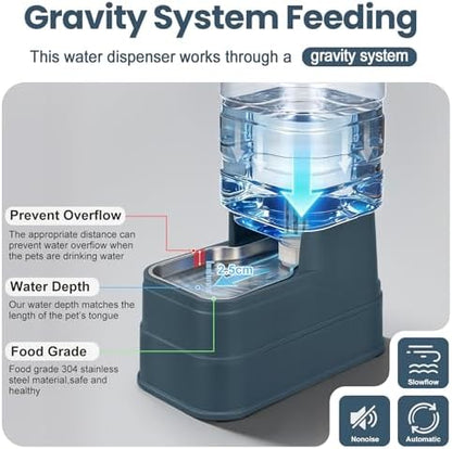 Automatic Cat Water Dispenser Gravity Stainless Steel Water Feeder Dog Waterer Feeder with Wide Mouth Bowl for Small Medium Dog Puppy Kitten (Filter &Ice Pack Included) 1Gallon Navy