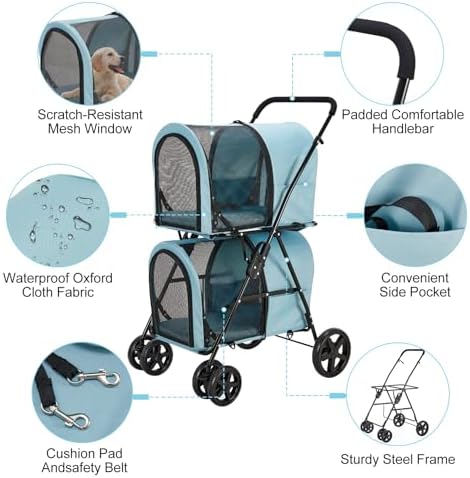 Double Pet Stroller for 2 Cats or 2 Dogs with Detachable Carriers