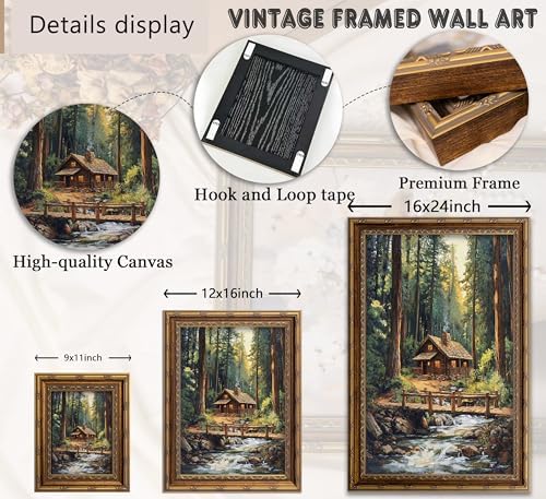 Vintage Gold Framed Forest Wall Art, Retro Mountain Woods Cottage Oli Painting Canvas Print, Antique Log Cabin Picture Wall Decor, Rustic Farmhouse Stream Poster Artwork for Bedroom Living Room