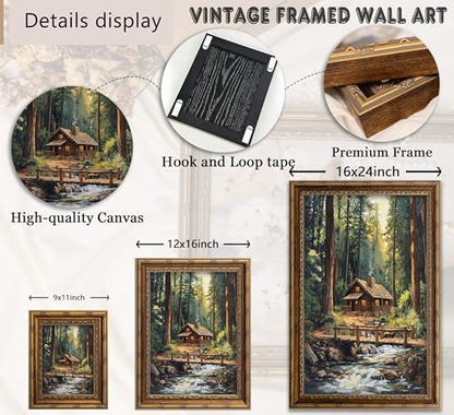 Vintage Gold Framed Forest Wall Art, Retro Mountain Woods Cottage Oli Painting Canvas Print, Antique Log Cabin Picture Wall Decor, Rustic Farmhouse Stream Poster Artwork for Bedroom Living Room