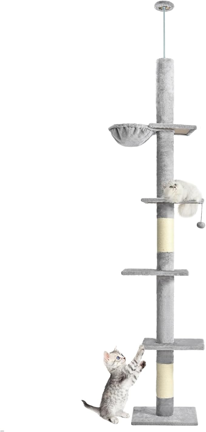 ABCPET Floor to Ceiling Cat Tree,5 Tiers Tall Cat Tower with Adjustable Height(98-110),Cat Tree Floor to Ceiling with Cozy Hammock,Sisal Scratching Posts,Platforms,and Hanging Balls for Large Cats