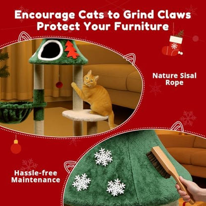 LUCKLIFE 48" Christmas Cat Tree with 2 Cozy Houses,Indoor Modern Cats Tower with Anti-Tip Kit,Plush Perches & Hanging Balls,Holiday Cat Climbing Furniture for Kittens to Play and Sleep
