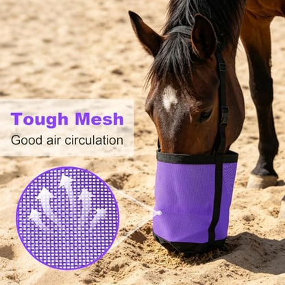 Horse Feed Bags for Grain, Breathable Muzzle Feed Bags for Horses, Universal Mesh Feedbag for Feeding Grain, Anti-Spill Design Feeder, Durable Nose Bag with Solid Bottom (Purple)