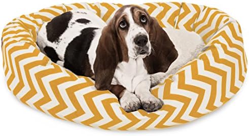 Majestic Pet 32 Inch Chevron Sherpa Calming Dog Bed Washable – Cozy Soft Round Dog Bed with Spine for Head Support - Fluffy Donut Dog Bed 32x23x7 (inch) – Round Pet Bed Medium - Yellow