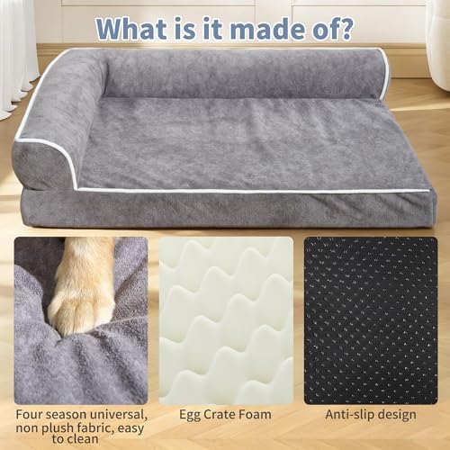 Orthopedic Dog Bed with Pillow L-Shape Dog Sofa for Large Medium Dogs, Dogs Couch with Removable Washable Cover, Pet Bed with Nonskid Bottom(Grey, XXX-Large(54x36in))