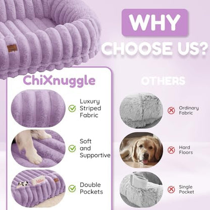 ChiXnuggle Orthopedic Human Dog Bed,Striped Faux Fur Washable Cover,Blanket