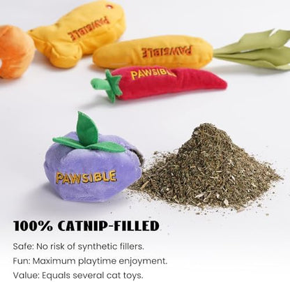 Pawsible 5 Pack Catnip Toys for Indoor Cats - 100% Organic Catnip Filled, No Cotton, Durable Teething Kicker Toys for Kittens, Food-Shaped Plush Chew Toys