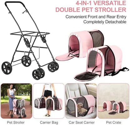 Double Pet Stroller for 2 Cats or 2 Dogs with Detachable Carriers