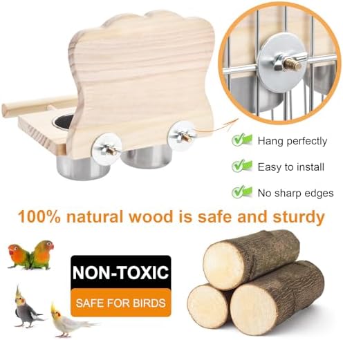 Bird Perch Platform Toy with Mirror, Standing Rack & Stainless Steel Bowl - Wooden Play & Exercise Gym Stand, Cage Accessory for Cockatoos, Lovebirds, Budgies, Pacific Parrotlets & Canaries