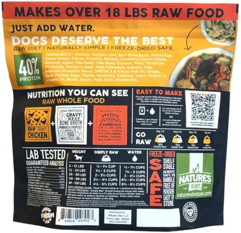 Nature's Diet Simply Raw® Freeze-Dried Raw Whole Food Meal - Makes 18 Lbs Fresh Raw Food With Muscle, Organ, Bone Broth, Whole Egg, Superfoods, Fish Oil Omega 3, 6, 9, Probiotics, Prebiotics (Chicken)