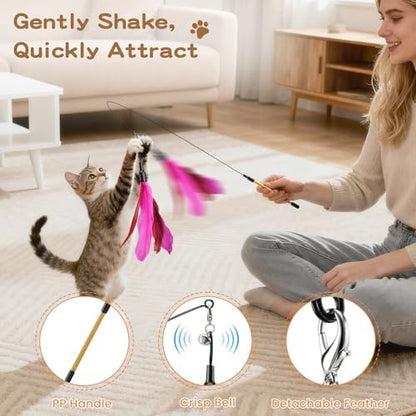 Pawaboo Cat Feather Wand Interactive Toy, 6 Feathers + 1 Wand with Bell