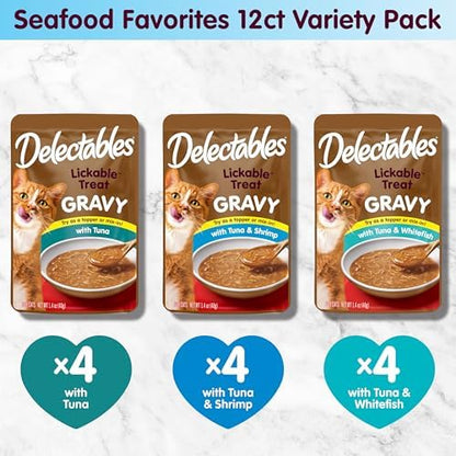 Delectables Lickable Treat Gravy Seafood Variety Wet Cat Treat & Food Topper, Food Topper, Hydrating, Grain-Free, No Fillers, No by-Products, No Added Preservatives, 1.4-oz Pouch, 12 Count