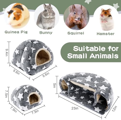 MABOZOO 3 Pack Guinea Pig House Accessories, 2 Cozy Guinea Pig Bed and Hideout Tunnel, Chinchillas Hideout for Hamster, Rabbit, Bunny, Chinchillas (Gray)