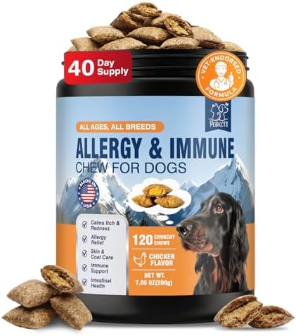 Dog Allergy Chews-120 Crunchy & Creamy Chews, anti-Allergy & Itching Skin Relief Bites Immune Support, with Omega 3 Fish Oil Probiotics for Seasonal All Issues Allergies Made in USA Chicken Flavor