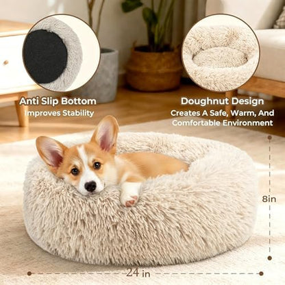 Calming Donut Dog Bed for Small Dogs, Anti-Anxiety Round Washable Plush Fluffy Faux Fur Large Cat Bed, 24 inches Fits up to 25 lbs Pets, Anti-Slip Waterproof Mute Base Light-Brown