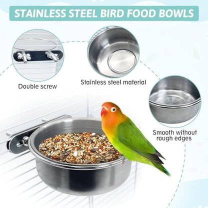 PINVNBY Stainless Steel Bird Bowl Parrot Food Water Bowls with Clamp Holder Bird Feeder Dish Cups Crate Bowls for Cockatiel Pigeons Conure Budgies African Greys (2PCS Screw Size: S)