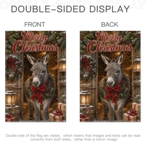Christmas Donkey Garden Flag 12x18 Inch Merry Holiday Wreath Bow Lantern Gifts Snowy Barn Rustic Farmhouse Outdoor Yard Lawn Porch Double Sided Banner Winter Welcome Decor