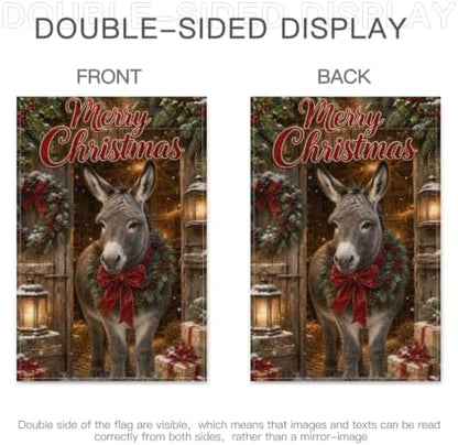 Christmas Donkey Garden Flag 12x18 Inch Merry Holiday Wreath Bow Lantern Gifts Snowy Barn Rustic Farmhouse Outdoor Yard Lawn Porch Double Sided Banner Winter Welcome Decor
