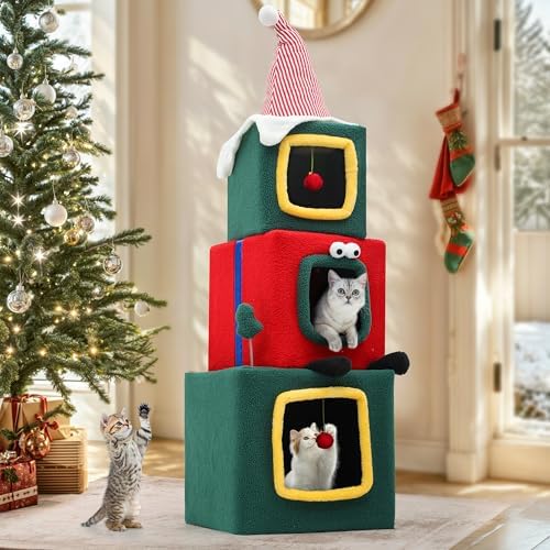 YITAHOME 60" Christmas Cat House with 3 Semi-Enclosed Cat Condos