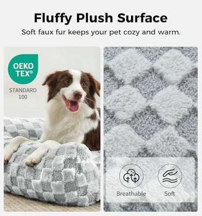 Made4Pets Cat and Dog Indoor Couch Bed, Soft Faux Fur Checkered Pet Sofa, Cozy Fluffy Pet Sofa with Supportive Foam, Removable Washable Cover with Non-Slip Base, Grey, Medium