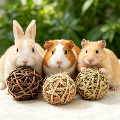 16 Pcs Bunny Chew Grass Balls,Natural Handmade Enrichment Toys for Teeth Grinding, Enrichment Treats for Rodents Rabbits Guinea Pigs Chinchillas Hamsters Mice, Rolling Chew Toys (2.4")