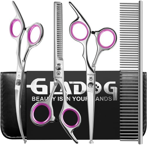 GLADOG Professional 5 in 1 Dog & Cat Grooming Scissors Set with Safety Round Tips, Sharp and Heavy-duty Pet Grooming Shears for Cats (Red)