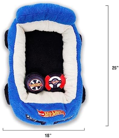 Megatoys Hot Wheels Plush Car Pet Bed – Themed Blue Car Design for Dogs and Cats with Toy Steering Wheel and Tire