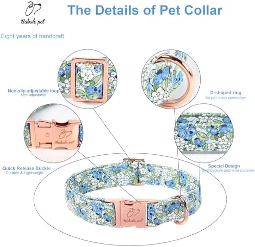 Blueberry Garden Dog Collar, Spring/Summer Cottagecore Floral Dog Collars, Adjustable Heavy Duty Girl Dogs Collar for Small Medium Large Dogs with Metal Buckle S