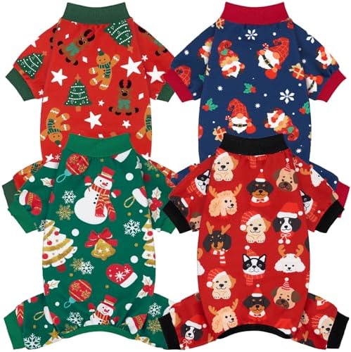 XPUDAC 4 Pack Dog Christmas Pajamas Stretchy Dog Clothes for Small Medium Dogs Girl Boy Christmas Puppy Outfit Pet Jumpsuits Pjs Winter Cat Costume, XL