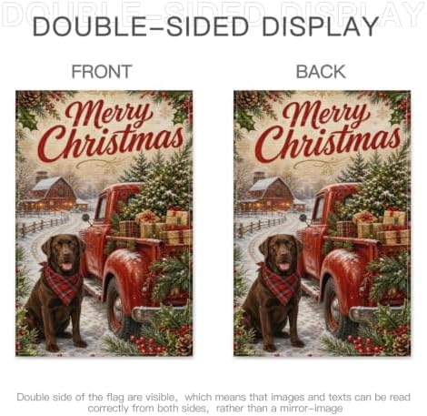 Christmas Labrador Garden Flag 12x18 Inch Merry Holiday Chocolate Dog Red Truck Tree Gifts Snowy Barn Rustic Farmhouse Outdoor Yard Lawn Porch Double Sided Banner Welcome Decor