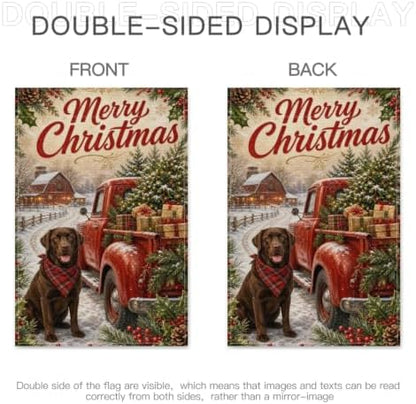 Christmas Labrador Garden Flag 12x18 Inch Merry Holiday Chocolate Dog Red Truck Tree Gifts Snowy Barn Rustic Farmhouse Outdoor Yard Lawn Porch Double Sided Banner Welcome Decor