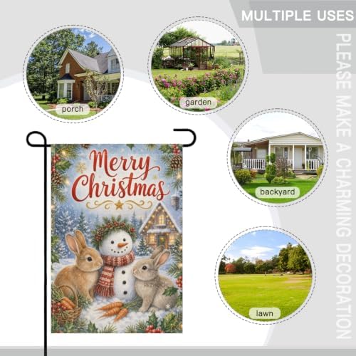 Merry Christmas House Flag 28x40 Inch Rabbit Pair Snowman Carrot Basket Holly Pinecone Watercolor Winter Outdoor Yard Lawn Front Porch Welcome Double Sided Banner Decor