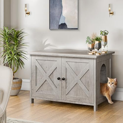 Shintenchi Cat Litter Box Enclosure, Litter Box Furniture Cabinet Hidden with Removable Divider, Wooden Cat House with End Table, Ash Oak Grey, 30.5 inch