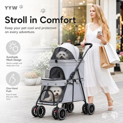 YYW Double Pet Stroller Foldable 2 Carriages Lockable Wheels Gray