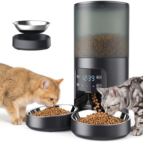 DUMOS 6L Automatic Cat Feeder for 2 Cats, Timed Pet Food Dispenser, Black