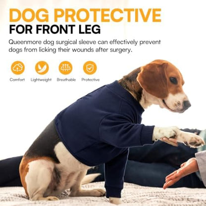Queenmore Dog Leg Sleeve to Stop Licking, Alternative to Cone of Shame, After Surgery Dog Elbow Protector with Magic Tapes, Recovery Suit for Dogs, Navy Blue, S