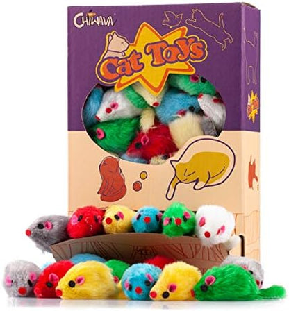 CHIWAVA 36PCS 4.1'' Furry Cat Toy Mice Rattle Small Mouse Interactive Play